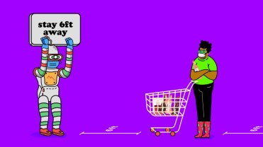 Illustration of a person shopping and a robot holding a sign that says 'stay 6ft away.'