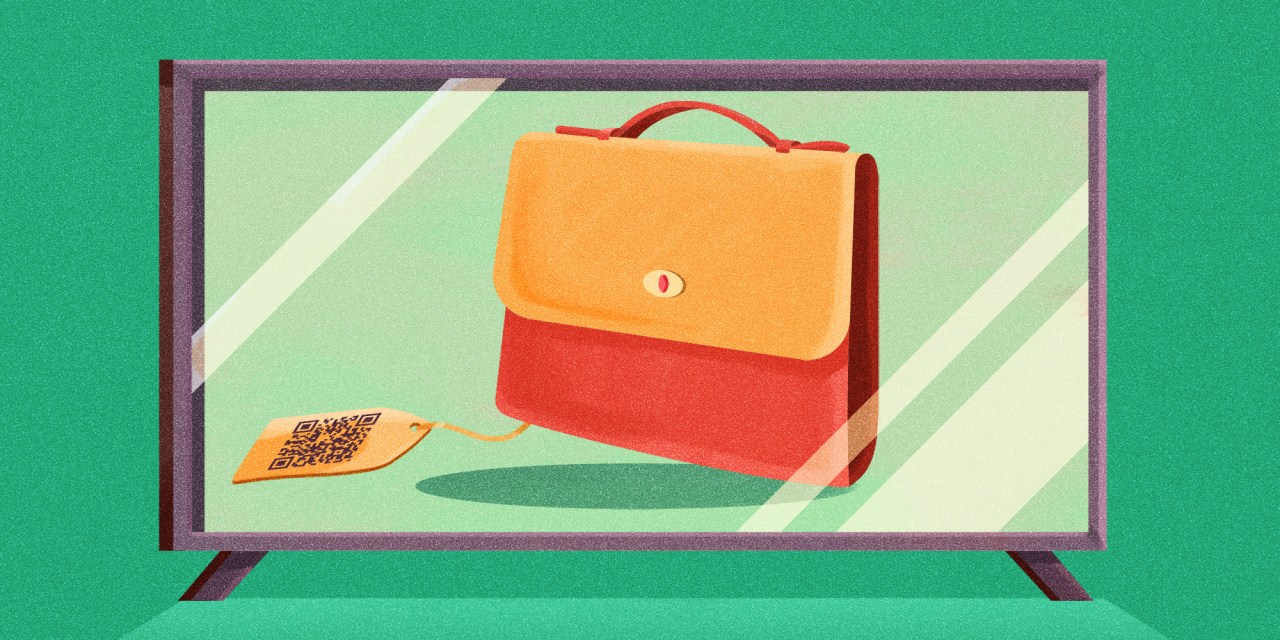 Red and tan handbag with a QR code tag attached on a TV screen, on a green background